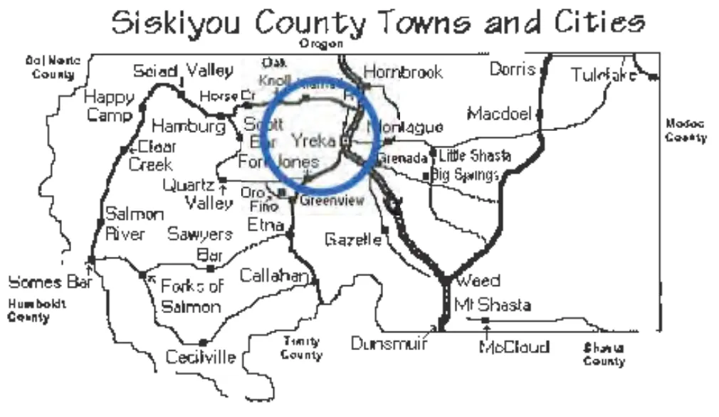 Yreka circled on a map of the furthest northern extent of California
